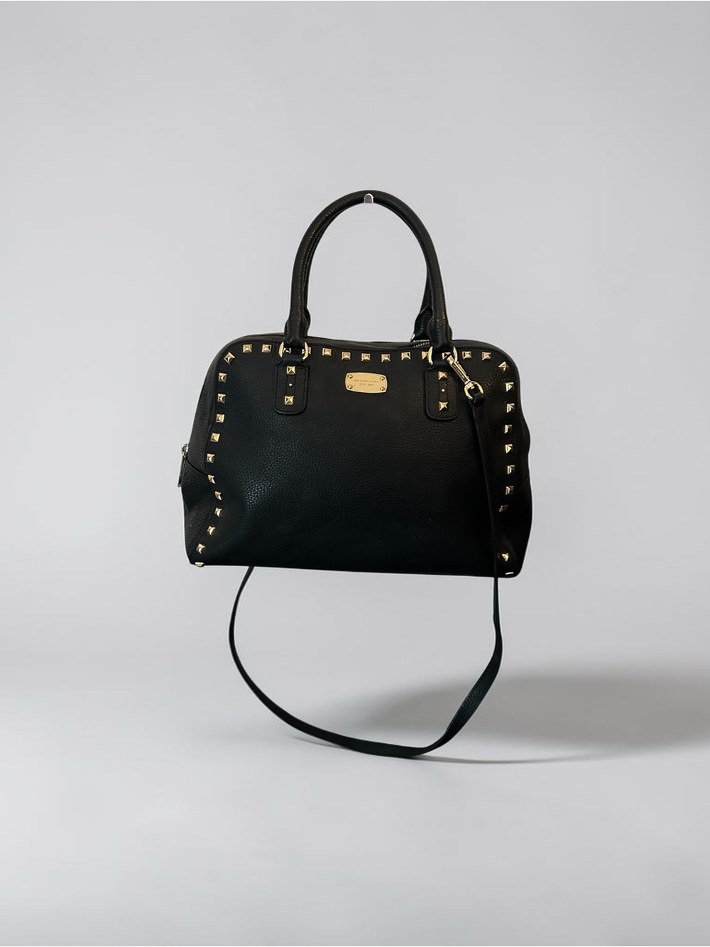 Michael Kors Sandrine Studded Black Leather Satchel Crossbody Gold Hardware